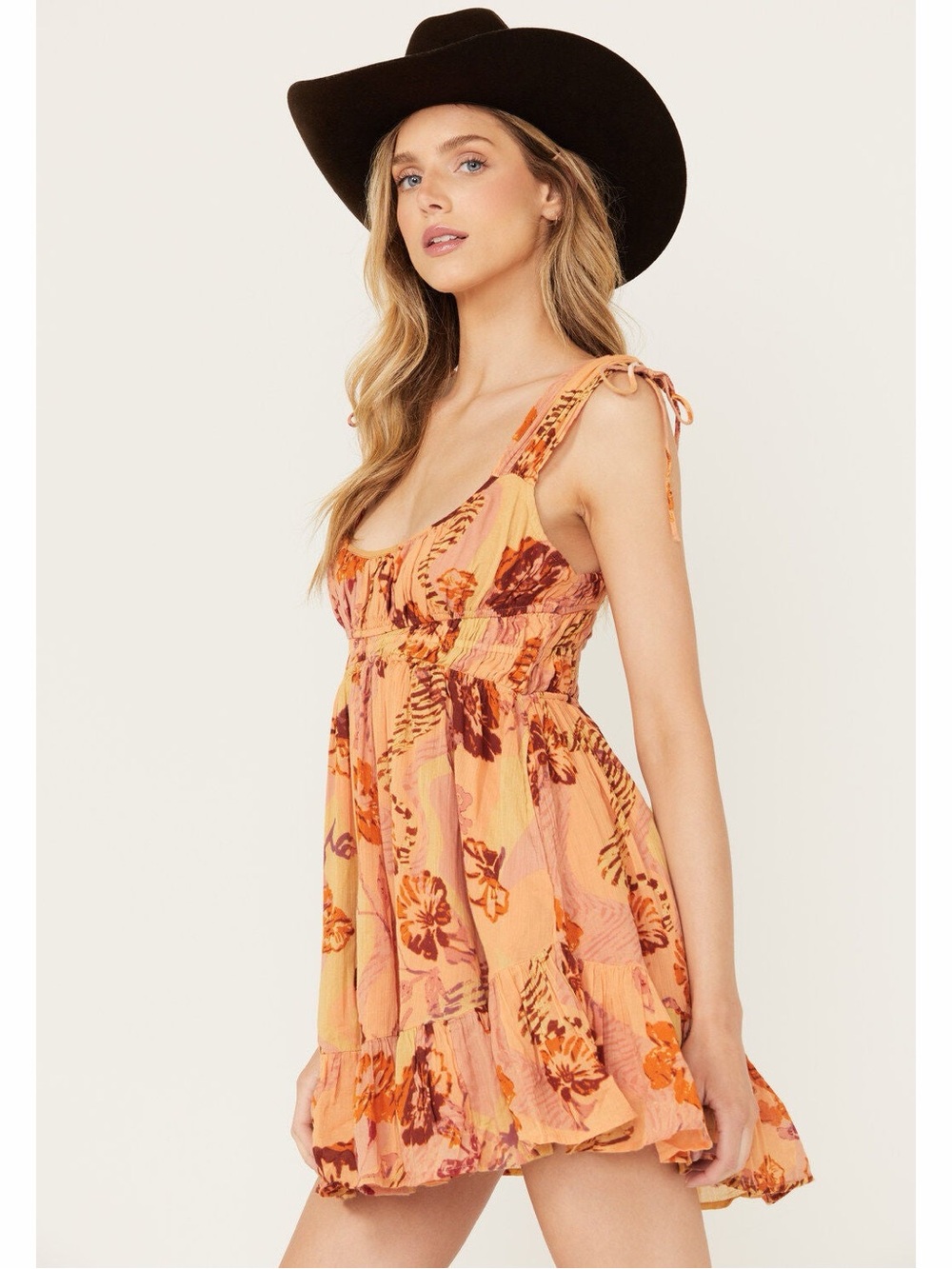 Free People Peach Floral Tie-Shoulder Mini Dress